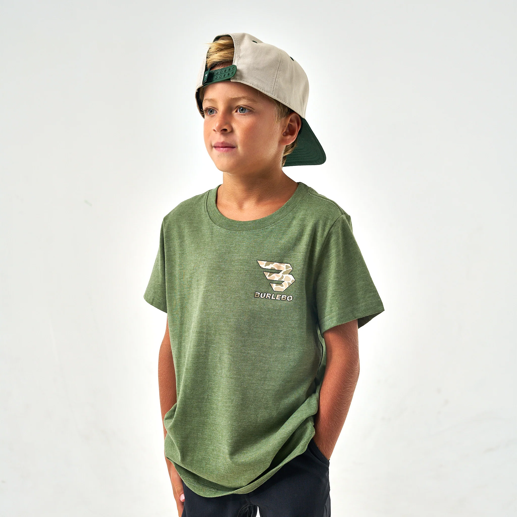 Youth Short Sleeve Tee - Mallard Camo Dog - Heather Olive