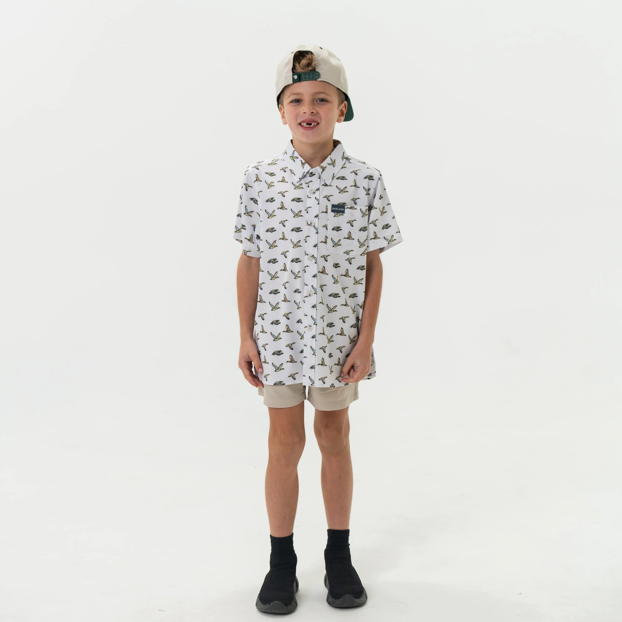 Youth Performance Button Up - Flying Mallard Ducks White