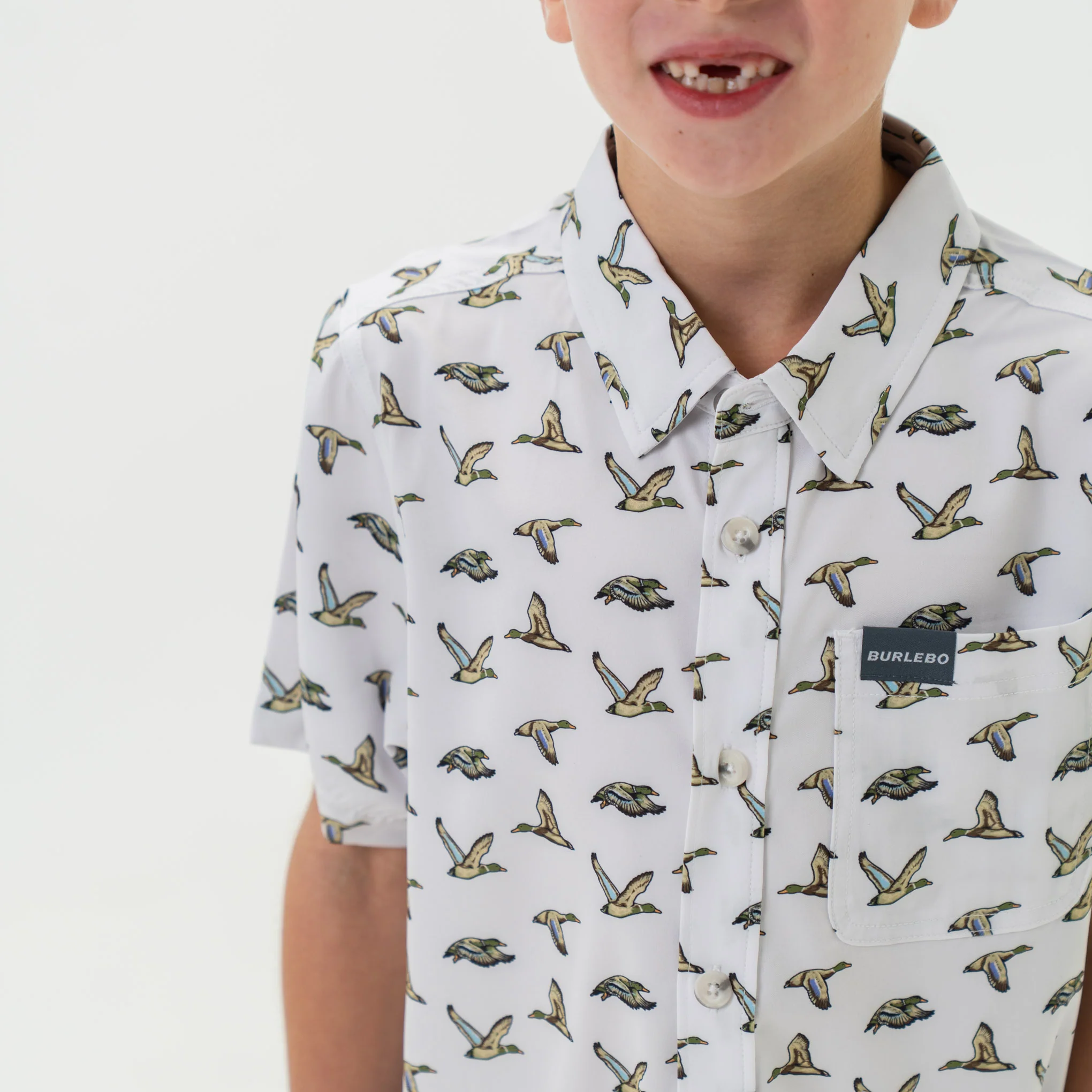 Youth Performance Button Up - Flying Mallard Ducks White