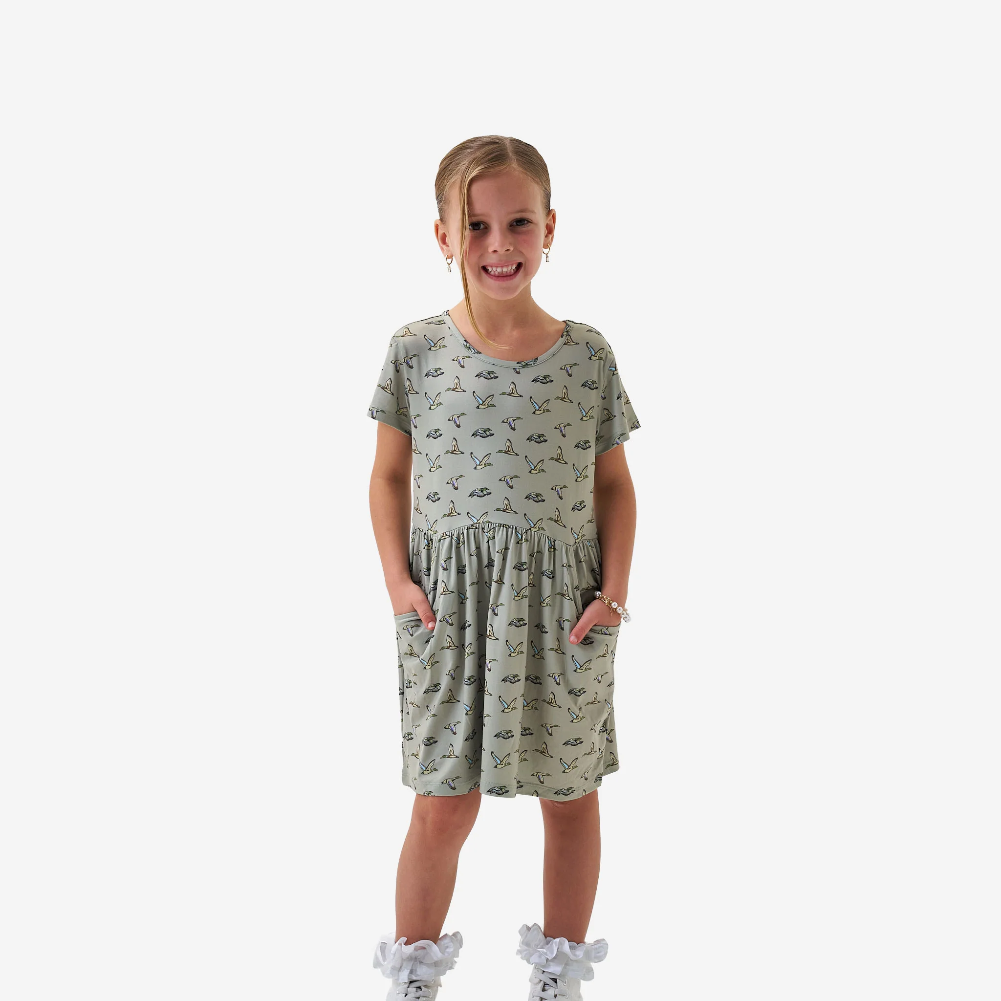 Youth Moxie Dress - Flying Ducks - Green